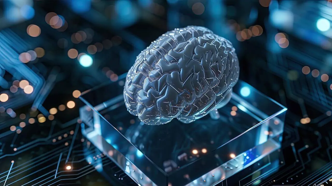 玻璃方塊上發光的立體大腦，象徵 AI