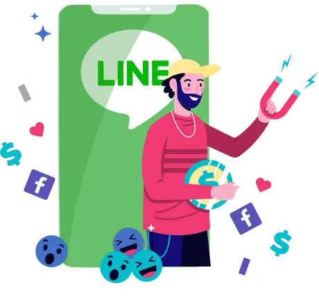 插畫：從 LINE 手機畫面走出來、手拿磁鐵吸引社群好友的人，象徵打造流量池