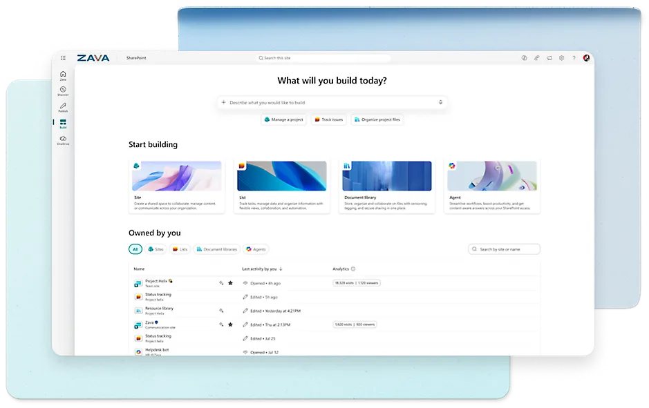SharePoint 首頁：建立新網站的範本，以及自己擁有的網站與檔案