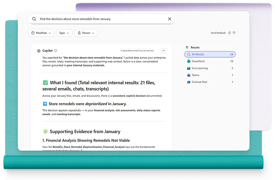 SharePoint 中由 Copilot 整理的搜尋結果與相關文件