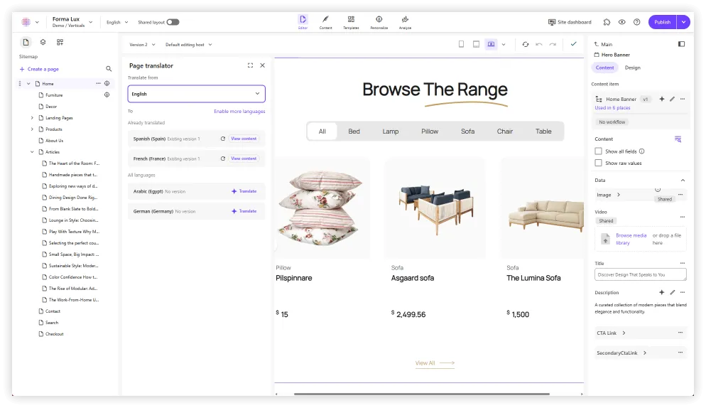 Sitecore 以元件組成頁面，右側為元件的內容與樣式設定