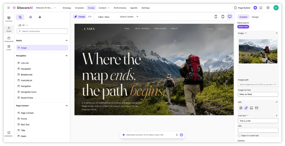 Sitecore 的頁面編輯畫面：左側為網站結構，中間即時預覽頁面，右側調整元件設定