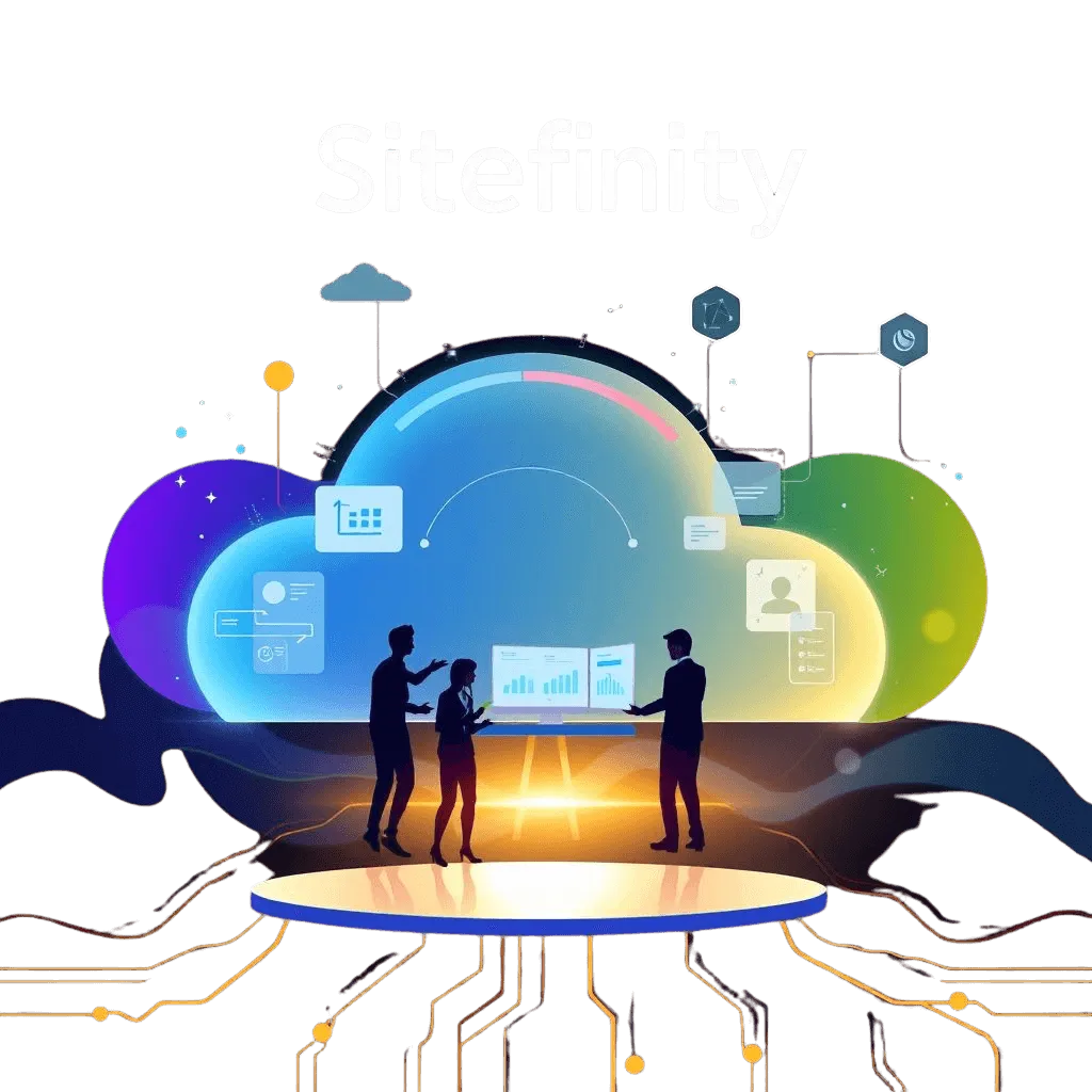 Sitefinity Cloud 示意圖：雲端平台與站在數據前的團隊